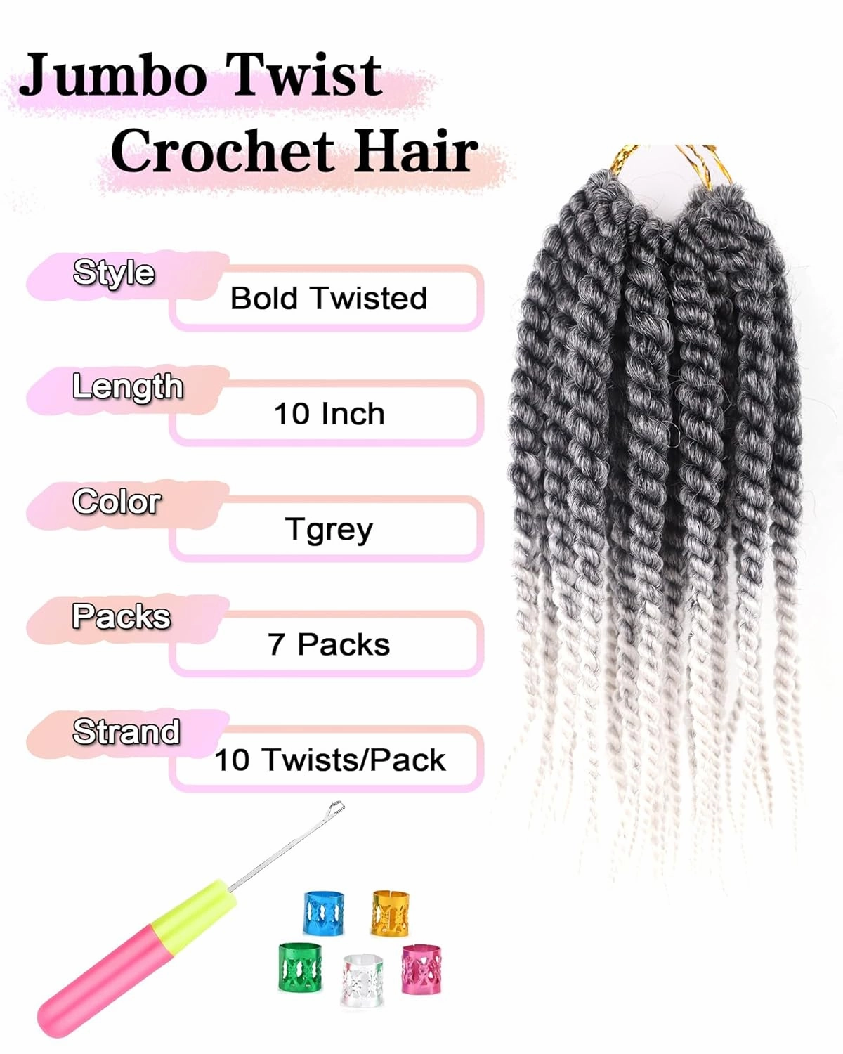 Grey Crochet Hair for Black Women 10 Inch 7 Packs Havana Twist Crochet Hair Pre Looped Jumbo Senegalese Twist Crotchet Braids Bob Rope Twists (10 Inch,Black to Grey)