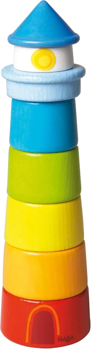 HABA Wooden Stacking Toy Rainbow Lighthouse, 8-Piece Building Blocks Set Made in Germany, Educational Wooden Toddler Toys for Motor Skills, Ages 1 and up