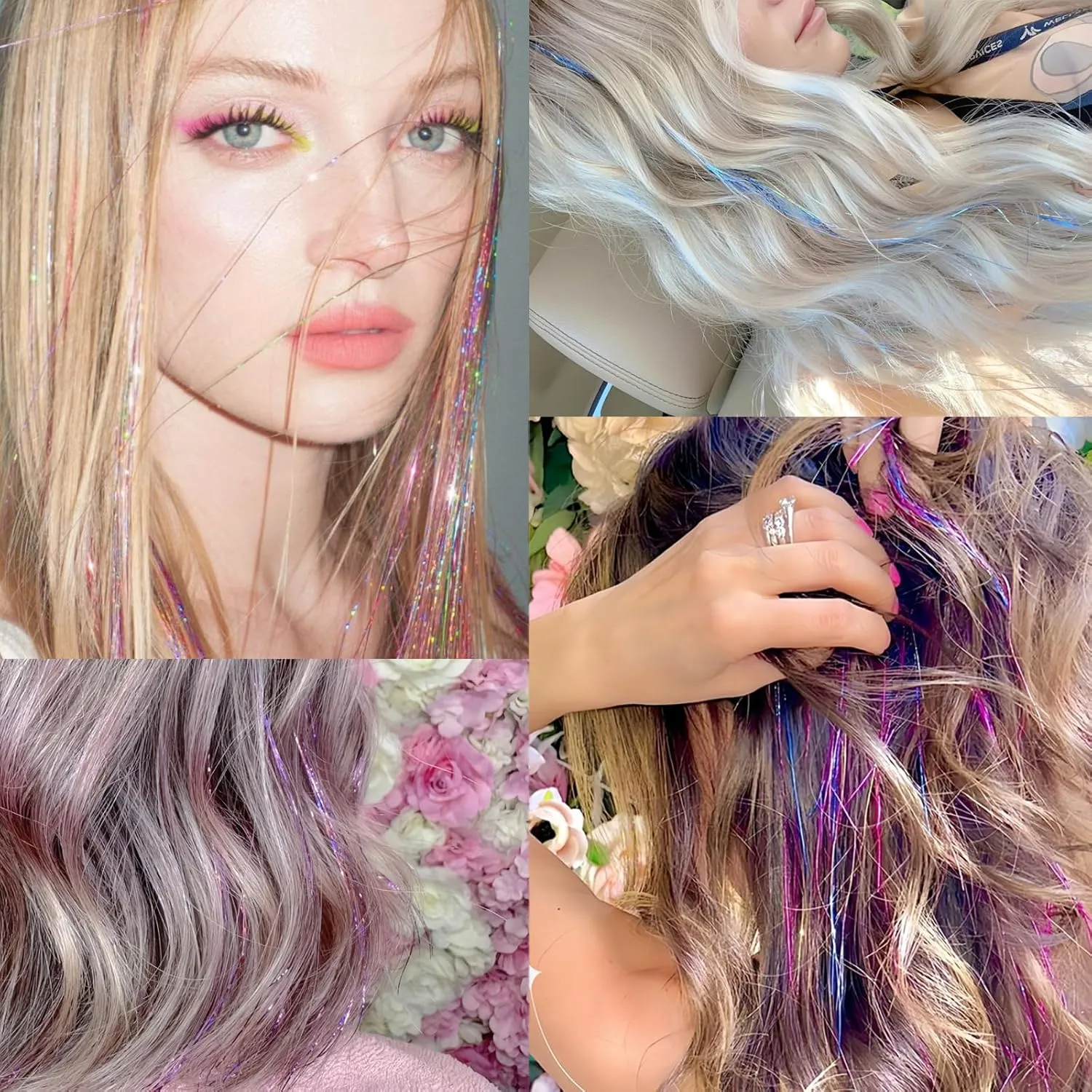 Hair Tinsel,20 Colors Hair Tinsel Kit for Girls 8600 Strands Fairy Tinsel Hair Extensions Holographic Hair Tinsel Heat Resistant Colored Hair Glitter Christmas Party Festival (20 Colors)