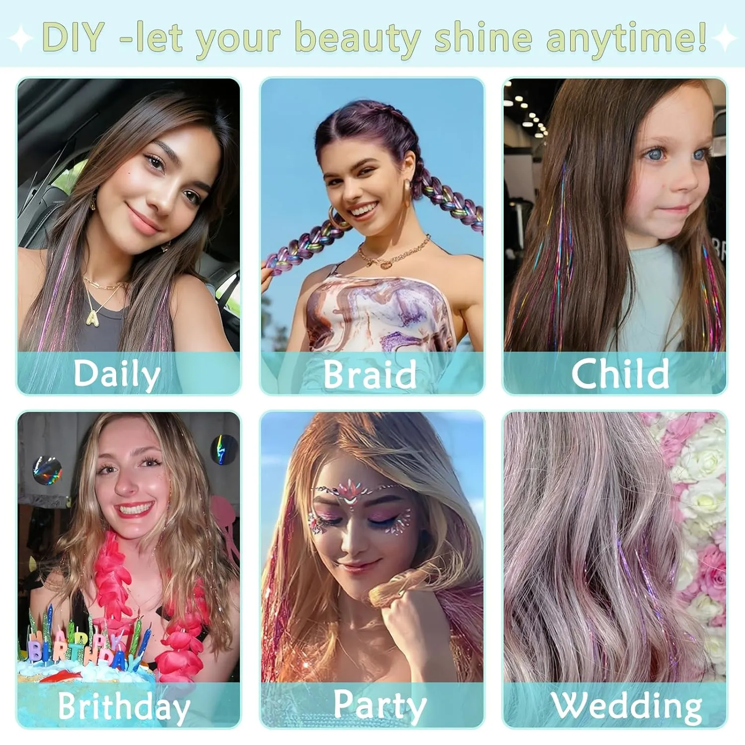 Hair Tinsel,20 Colors Hair Tinsel Kit for Girls 8600 Strands Fairy Tinsel Hair Extensions Holographic Hair Tinsel Heat Resistant Colored Hair Glitter Christmas Party Festival (20 Colors)