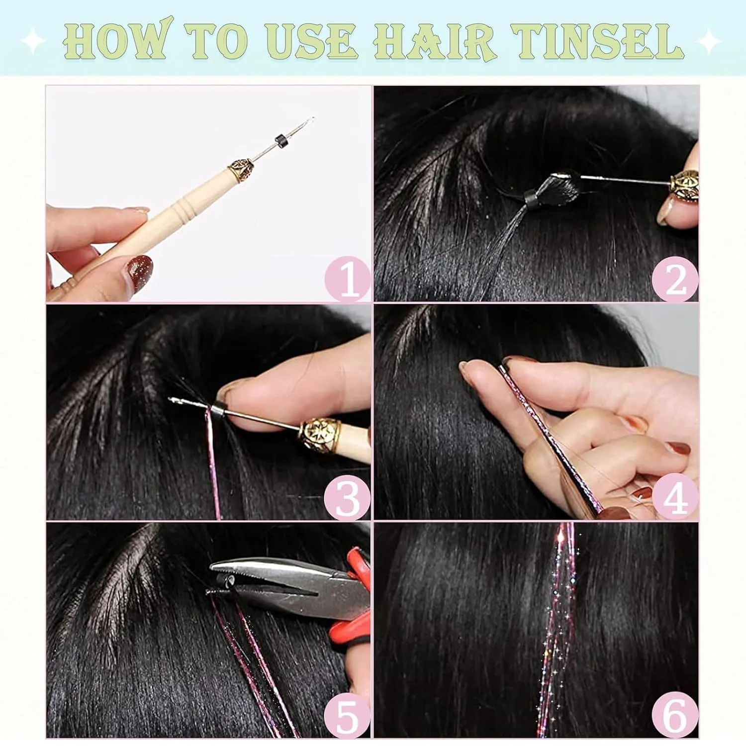 Hair Tinsel,20 Colors Hair Tinsel Kit for Girls 8600 Strands Fairy Tinsel Hair Extensions Holographic Hair Tinsel Heat Resistant Colored Hair Glitter Christmas Party Festival (20 Colors)