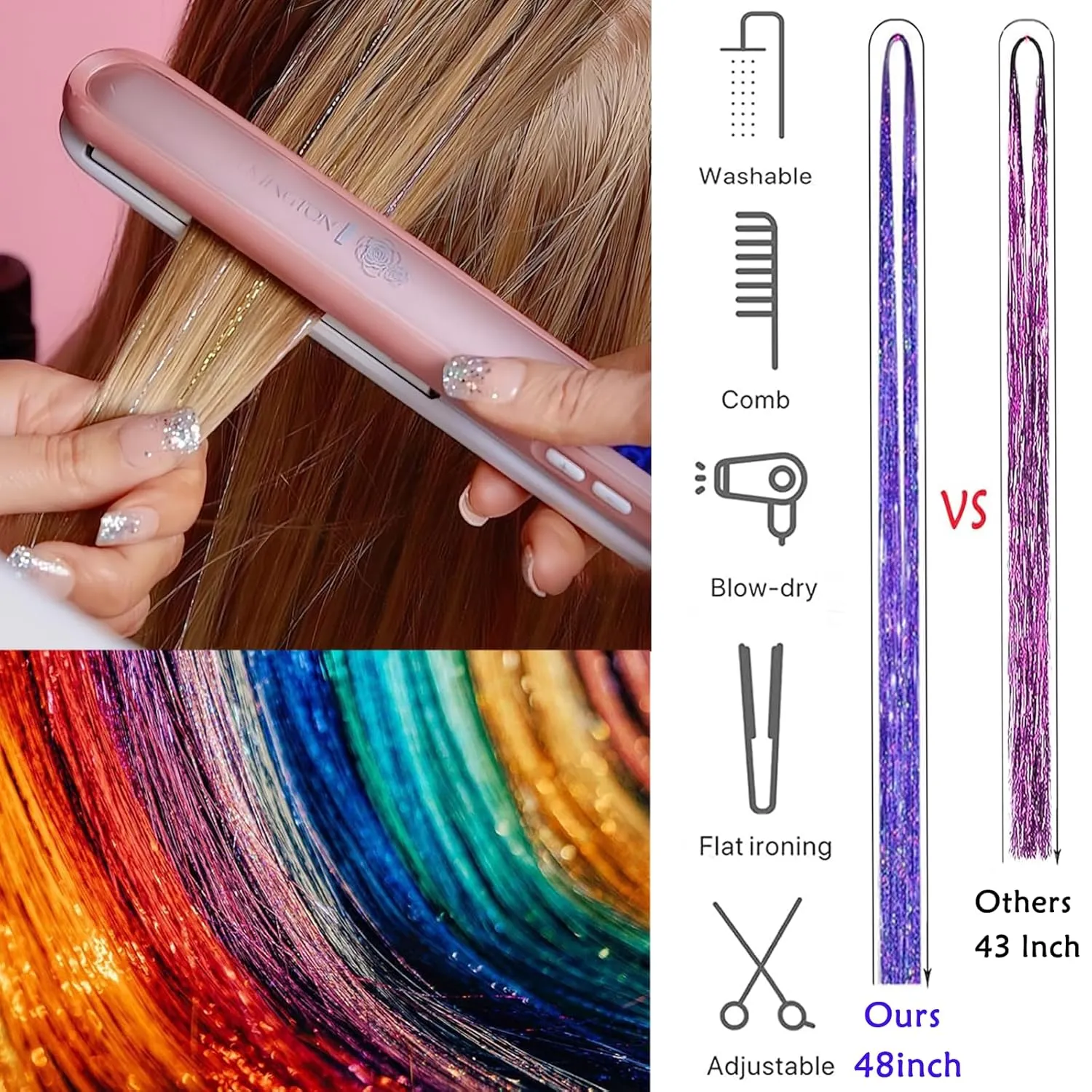 Hair Tinsel,20 Colors Hair Tinsel Kit for Girls 8600 Strands Fairy Tinsel Hair Extensions Holographic Hair Tinsel Heat Resistant Colored Hair Glitter Christmas Party Festival (20 Colors)