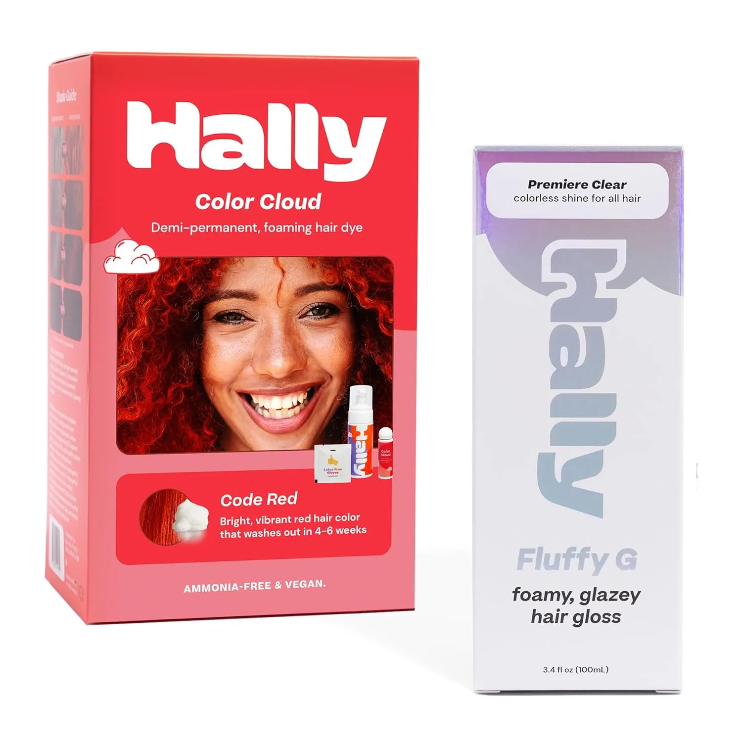 Hally Hair Ultimate Transformation Bundle - Foaming Dye Kit & Fluffy G Gloss Treatment | Code Red & Premiere Clear | Long-Lasting, Nourishing Formula | Best for Colored & Treated Hair.