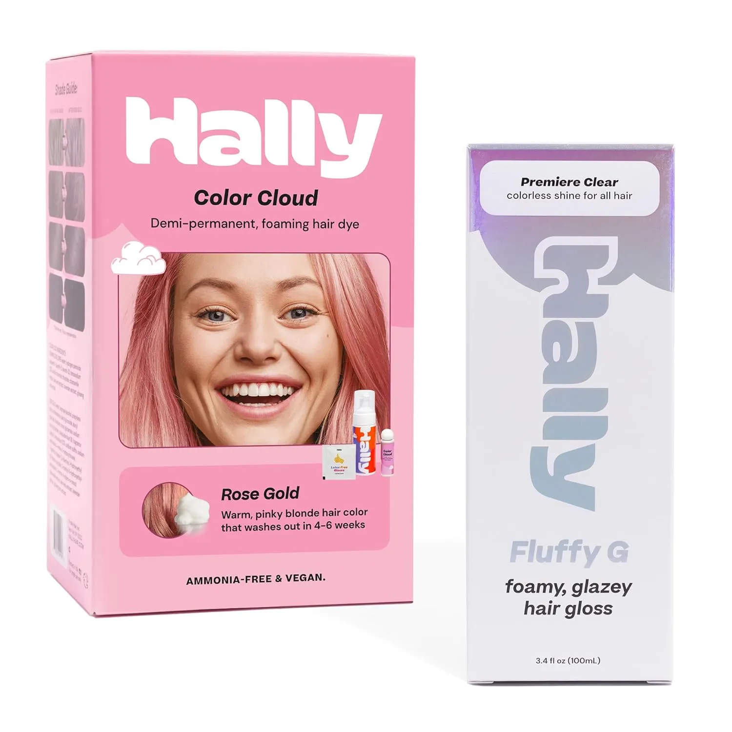 Hally Hair Ultimate Transformation Bundle - Foaming Dye Kit & Fluffy G Gloss Treatment | Rose Gold & Premiere Clear | Long-Lasting, Nourishing Formula | Best for Colored & Treated Hair.