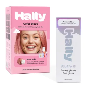 Hally Hair Ultimate Transformation Bundle - Foaming Dye Kit & Fluffy G Gloss Treatment | Rose Gold & Premiere Clear | Long-Lasting, Nourishing Formula | Best for Colored & Treated Hair.