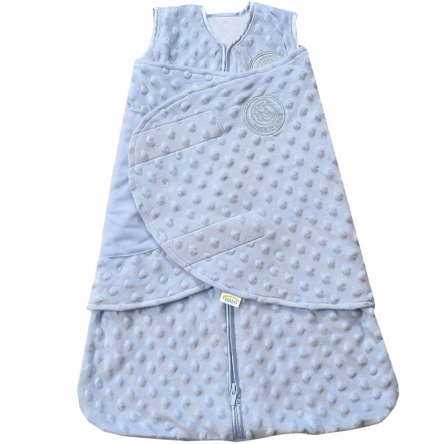HALO Sleepsack Swaddle Plush Dot Velboa, 3-Way Adjustable Swaddle Blanket, TOG 3.0 for Cool Climates, Blue, Newborn, 0-3 Months