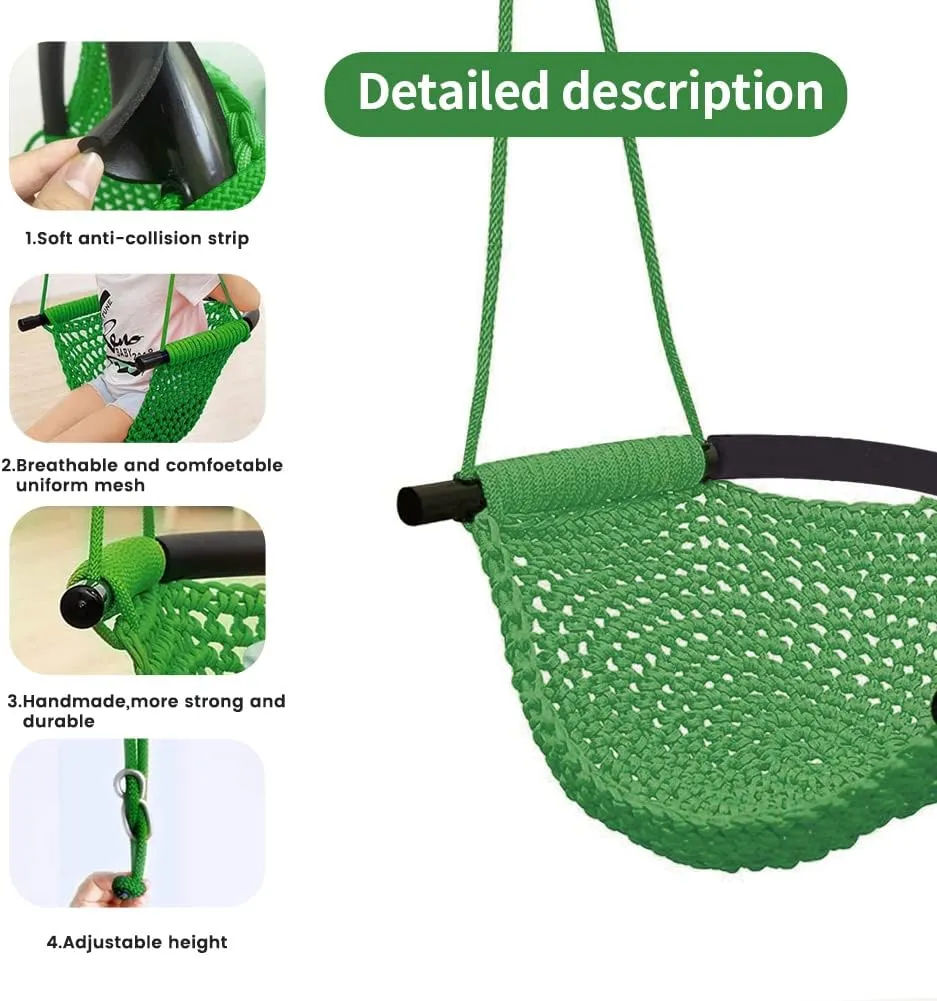Hand-Knitting Toddler Swing, Swing for Kids with Adjustable Ropes, Heavy Duty Rope Play Secure Children Swing Set, for Indoor, Outdoor, Playground, Tree, 440 lbs Capacity (Green)