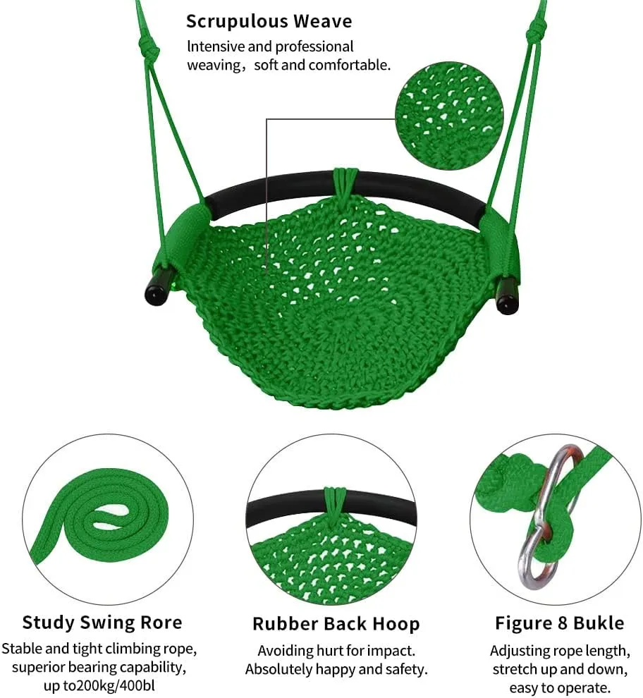 Hand-Knitting Toddler Swing, Swing for Kids with Adjustable Ropes, Heavy Duty Rope Play Secure Children Swing Set, for Indoor, Outdoor, Playground, Tree, 440 lbs Capacity (Green)