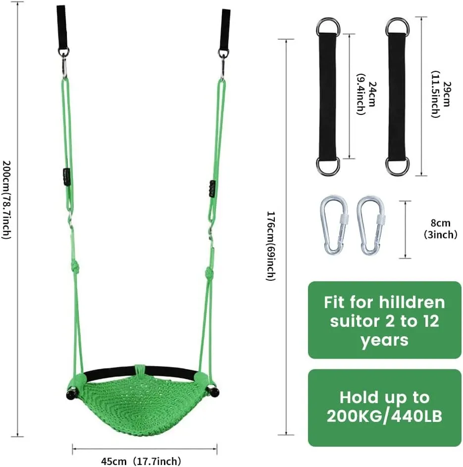 Hand-Knitting Toddler Swing, Swing for Kids with Adjustable Ropes, Heavy Duty Rope Play Secure Children Swing Set, for Indoor, Outdoor, Playground, Tree, 440 lbs Capacity (Green)