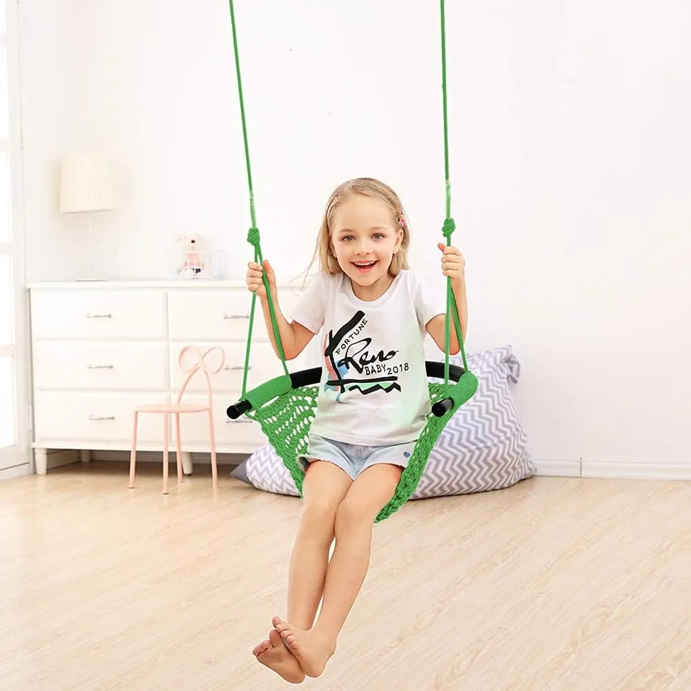 Hand-Knitting Toddler Swing, Swing Seat for Kids with Adjustable Ropes, Little tikes Swings Set, for Outdoor Indoor, Playground, Backyard (Green)