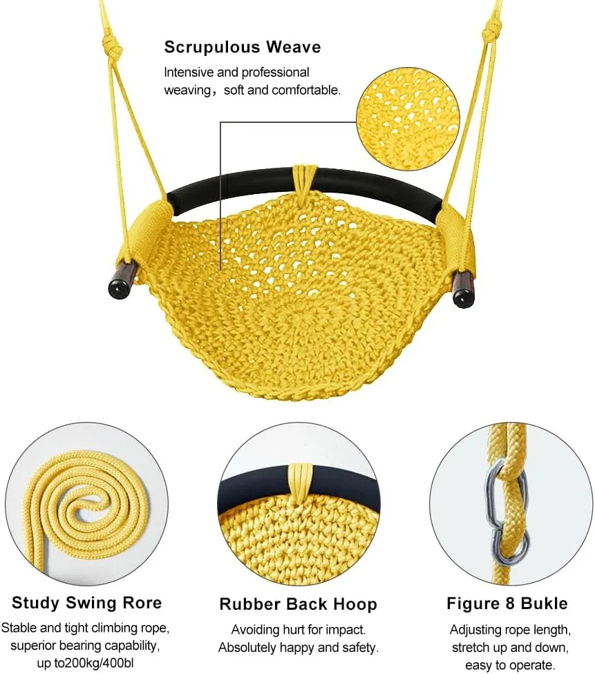 Hand-Knitting Toddler Swing, Swing Seat for Kids with Adjustable Ropes, Little tikes Swings Set, for Outdoor Indoor, Playground, Backyard (Yellow)