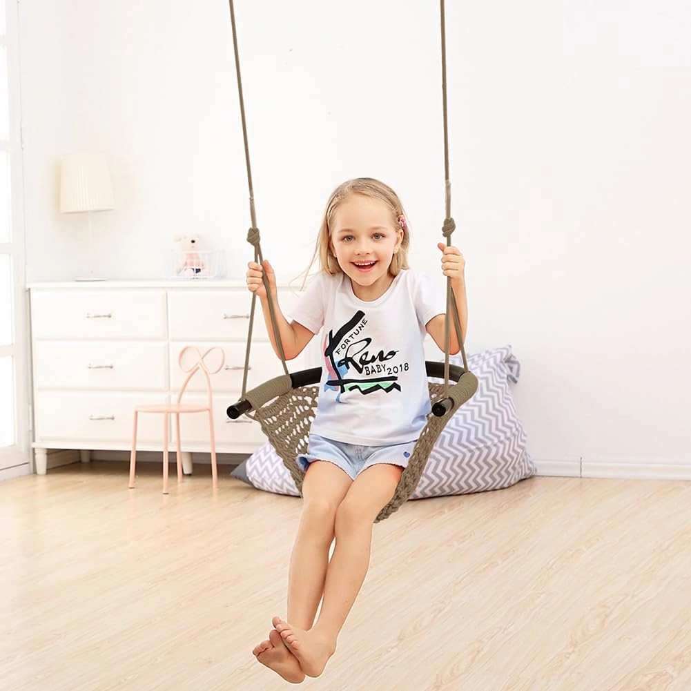 Hand-Knitting Toddler Swing, Swing Seat for Kids with Adjustable Ropes, Little tikes Swings Set, for Outdoor Indoor, Playground, Backyard (Light Brown)