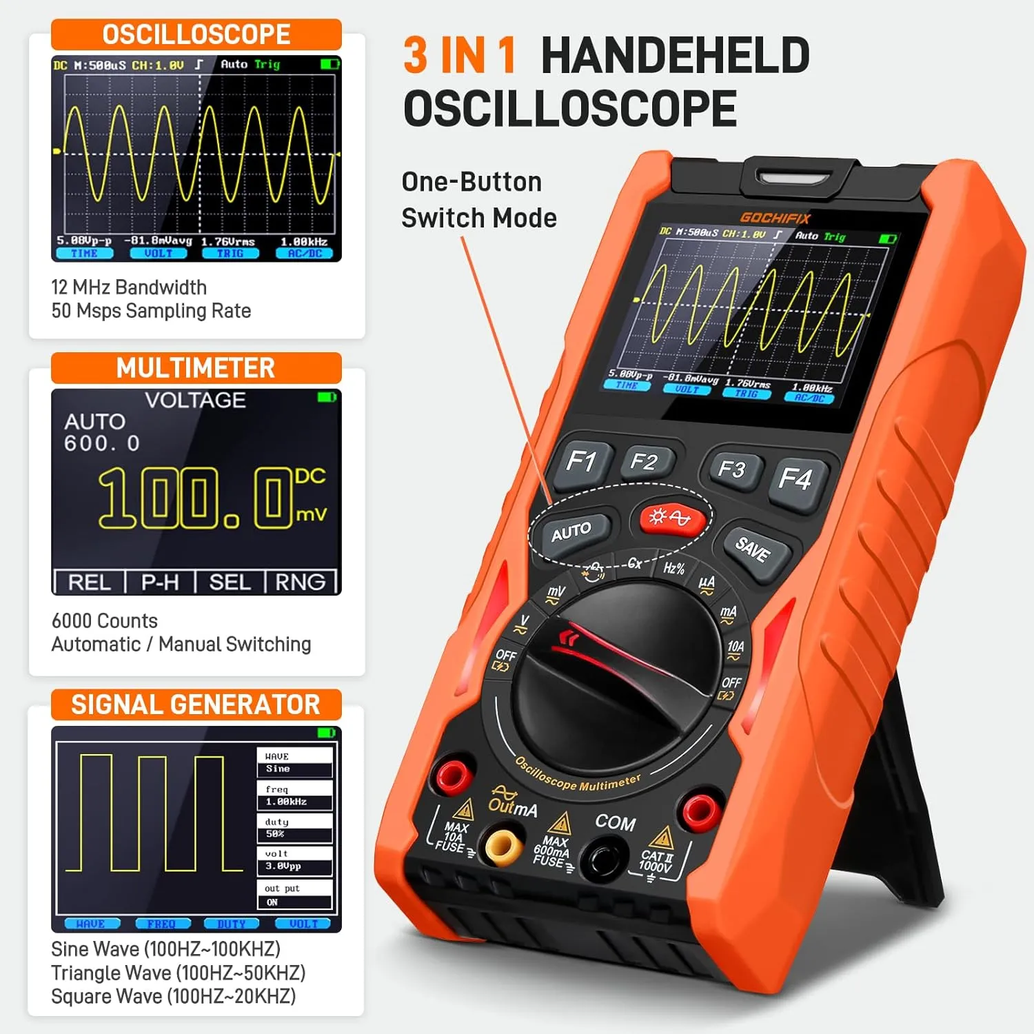 Handheld Oscilloscope Multimeter Waveform Generator 12MHz Bandwidth 50MSa/s Sampling Rate USB Lab Oscilloscopes Portable 3 in 1 Automotive Digital Oscilloscope with Signal Generator Kit