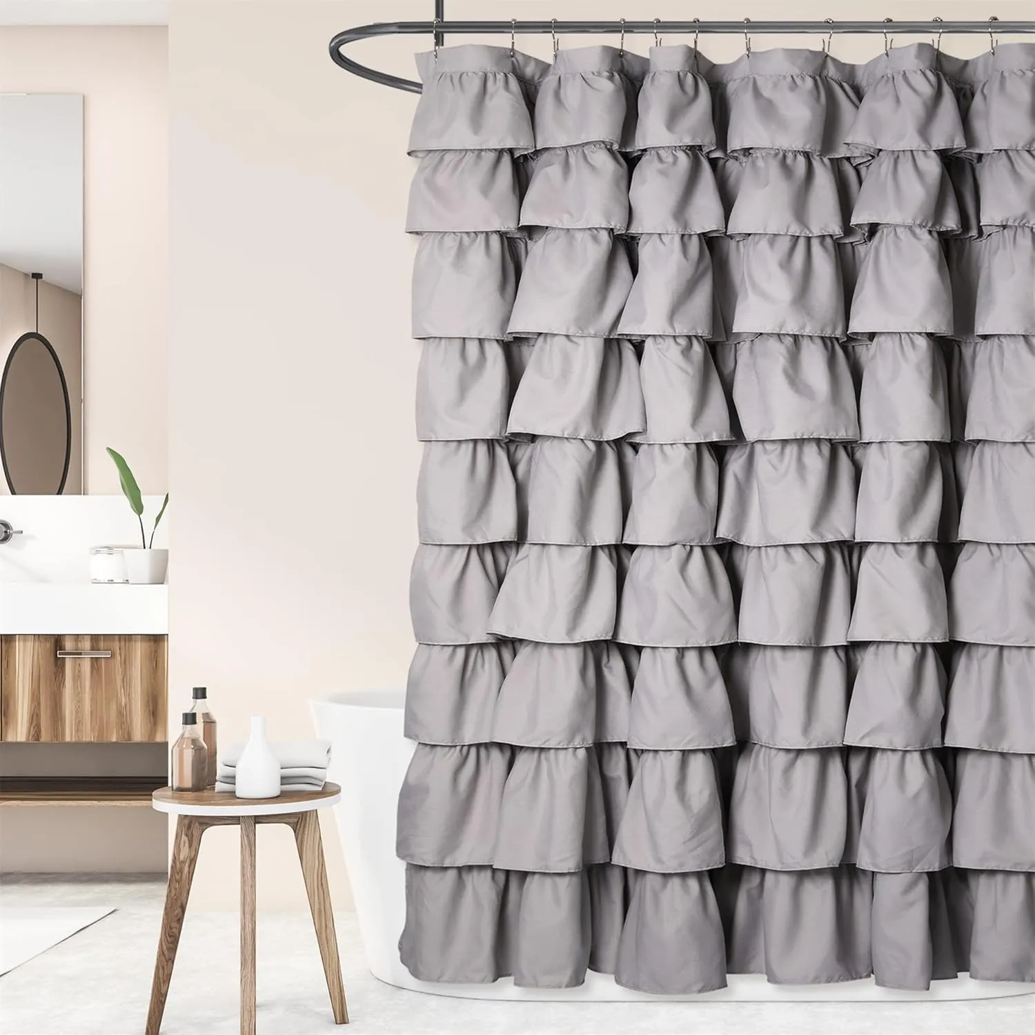 Handmade Ruffle Shower Curtain Shabby Chic Shower Curtain for Bathroom Soft Cloth Microfiber Bath Curtain, Grey 72x72 Inch