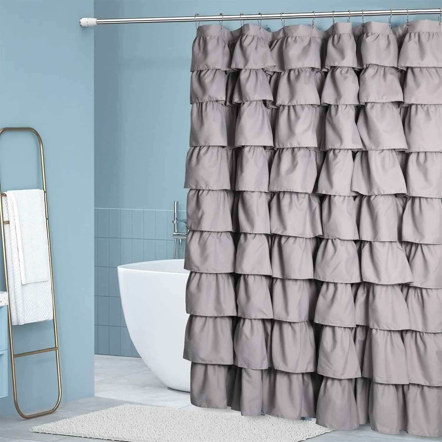 Handmade Ruffle Shower Curtain Shabby Chic Shower Curtain for Bathroom Soft Cloth Microfiber Bath Curtain, Grey 72x72 Inch