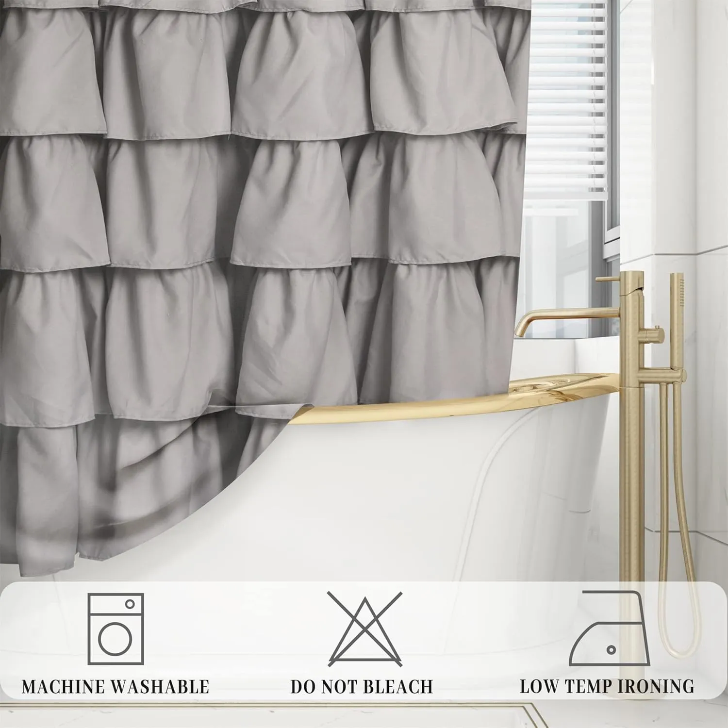 Handmade Ruffle Shower Curtain Shabby Chic Shower Curtain for Bathroom Soft Cloth Microfiber Bath Curtain, Grey 72x72 Inch