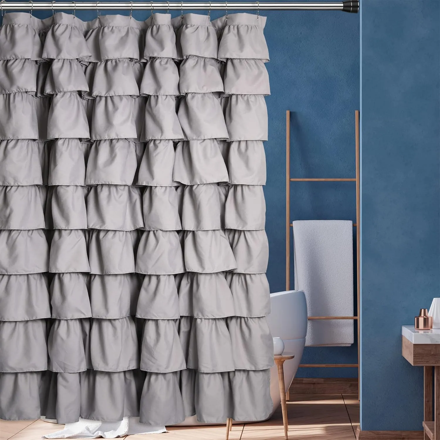 Handmade Ruffle Shower Curtain Shabby Chic Shower Curtain for Bathroom Soft Cloth Microfiber Bath Curtain, Grey 72x72 Inch