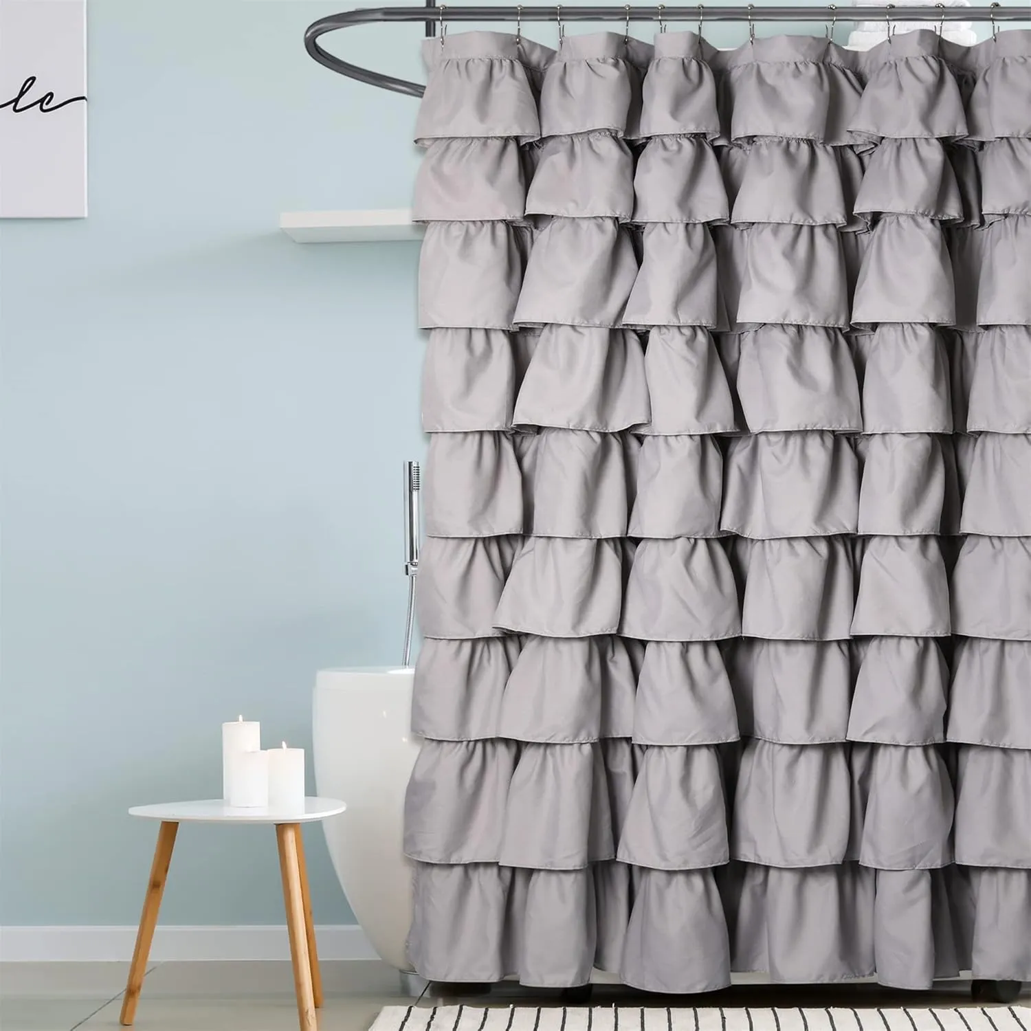 Handmade Ruffle Shower Curtain Shabby Chic Shower Curtain for Bathroom Soft Cloth Microfiber Bath Curtain, Grey 72x72 Inch