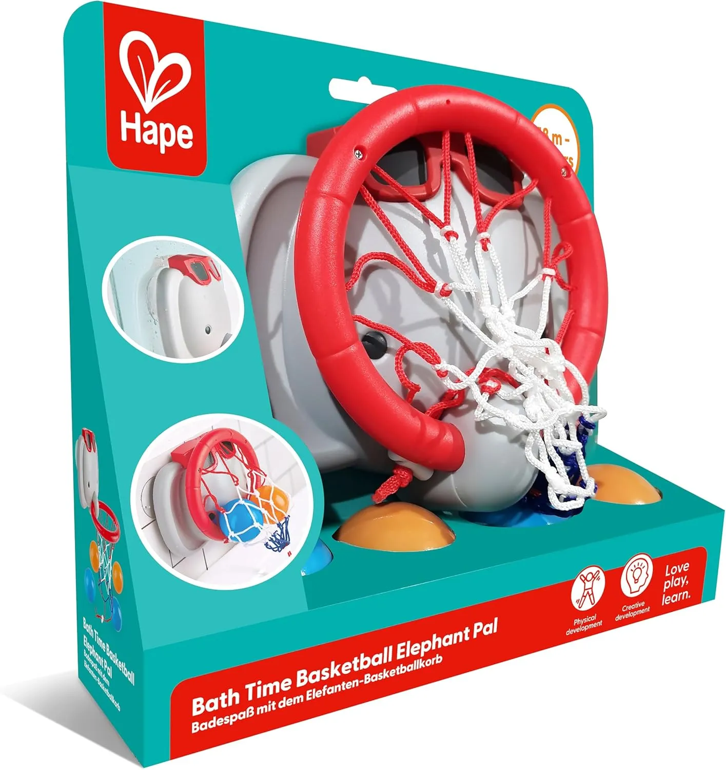 Hape Bath Time Basketball Elephant Pal | Bathtub Shooting Game, 1 Hoop with Suction Cups and 4 Balls, for Children 18 Months 