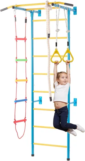 Happybuy Indoor Jungle Gym for Toddlers - A 5 - in - 1 Wonder! This Colorful playset Features a Carbon Steel Swedish Ladder, Wall Ladder, Pull - up bar, Rope Ladder, and Gymnastic Rings