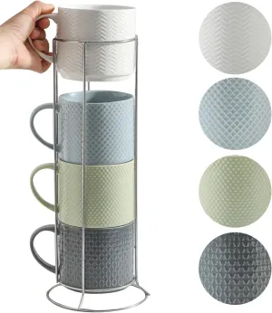 Hasense Coffee Mugs, Stackable Porcelain Coffee Cups Gift Set of 4 with Metal Stand, 15 Ounce Embossed Cappuccino Cups for Latte, Hot Chocolate, Cocoa, Mocha and Tea, Microwave Safe, Multi Color