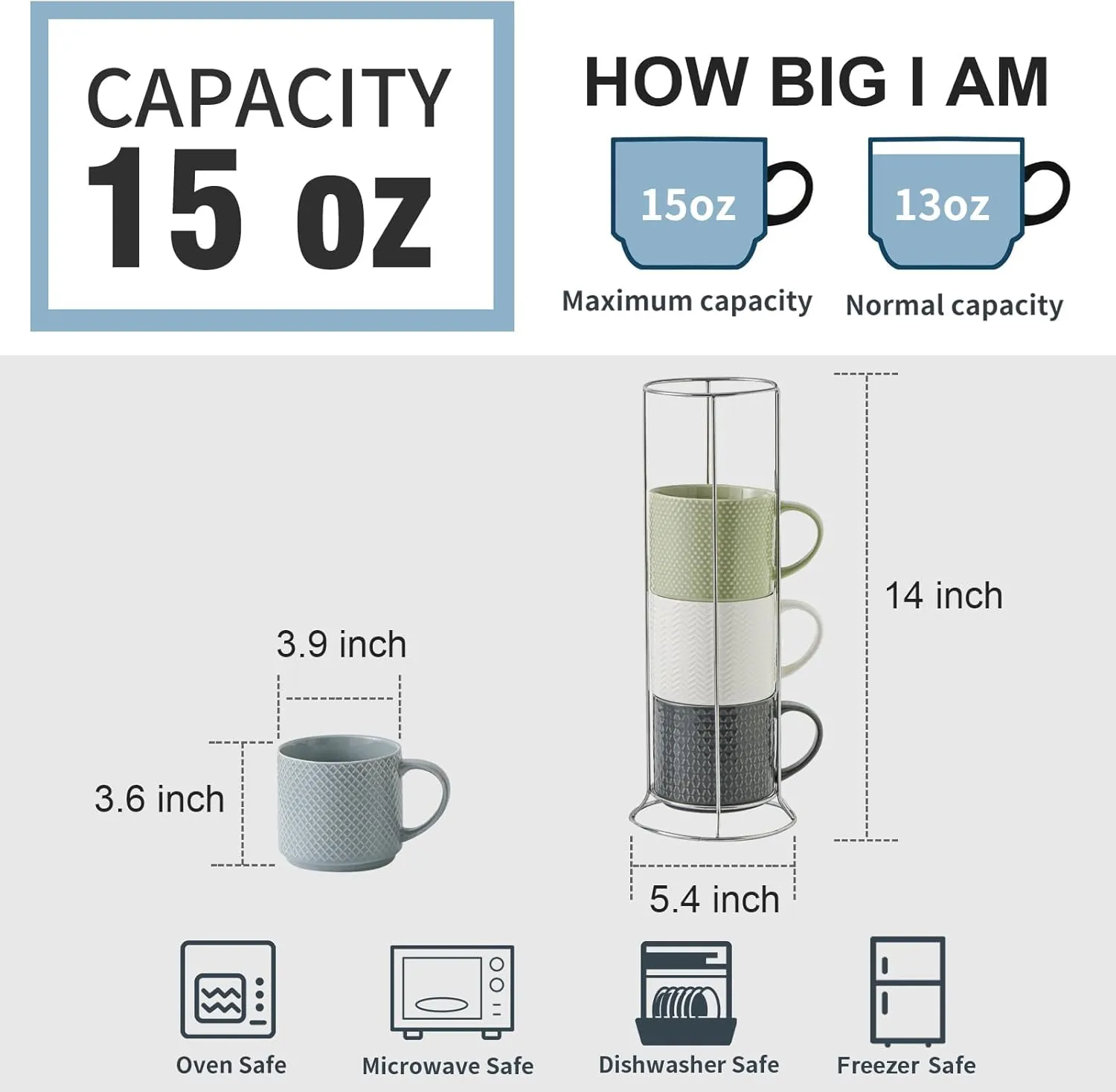 Hasense Coffee Mugs, Stackable Porcelain Coffee Cups Gift Set of 4 with Metal Stand, 15 Ounce Embossed Cappuccino Cups for Latte, Hot Chocolate, Cocoa, Mocha and Tea, Microwave Safe, Multi Color