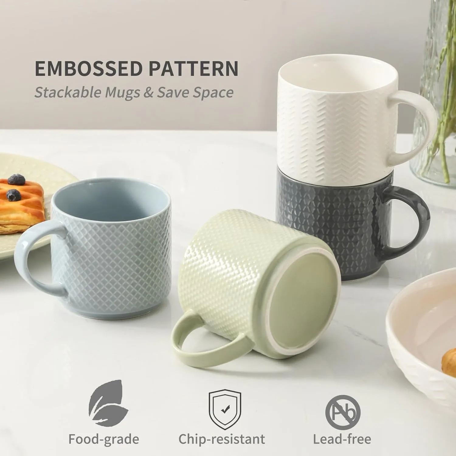 Hasense Coffee Mugs, Stackable Porcelain Coffee Cups Gift Set of 4 with Metal Stand, 15 Ounce Embossed Cappuccino Cups for Latte, Hot Chocolate, Cocoa, Mocha and Tea, Microwave Safe, Multi Color