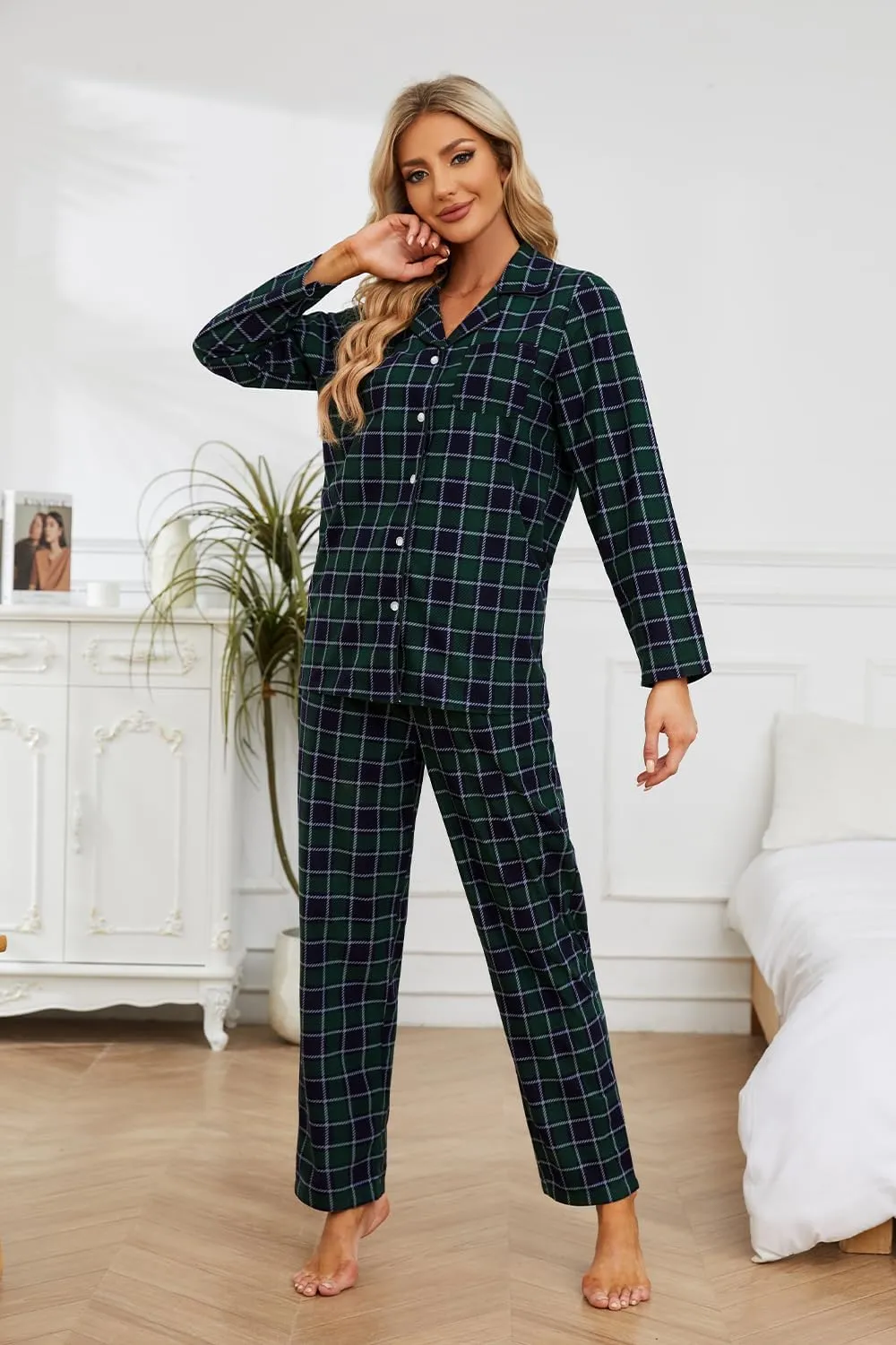 HEARTNICE Women Soft Pajama Set, Long Warm Flannel Pajamas Lightweight Cute Printed Pjs Set with Pockets