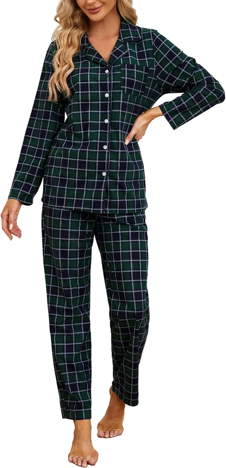 HEARTNICE Women Soft Pajama Set, Long Warm Flannel Pajamas Lightweight Cute Printed Pjs Set with Pockets