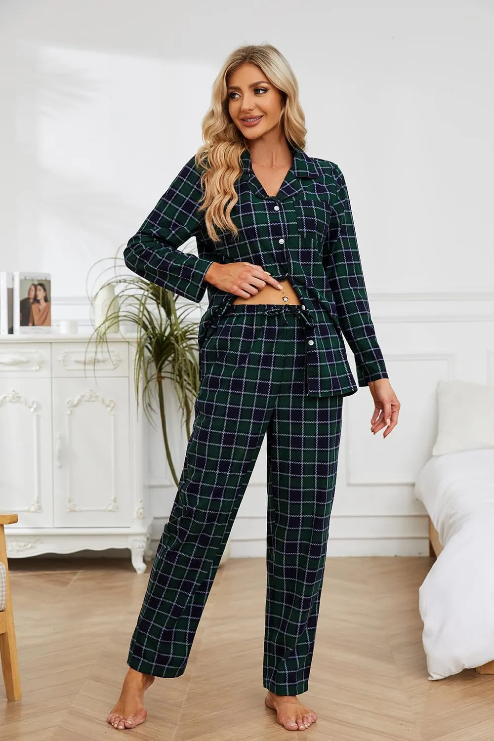HEARTNICE Women Soft Pajama Set, Long Warm Flannel Pajamas Lightweight Cute Printed Pjs Set with Pockets