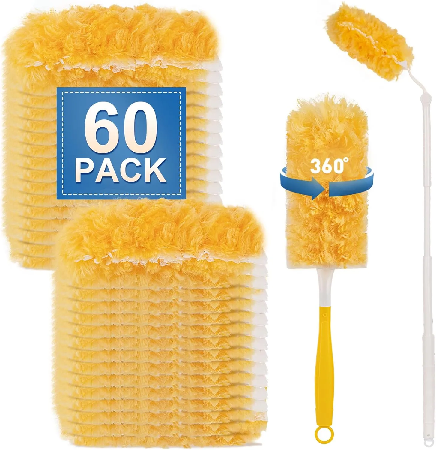 Heavy Duty Duster Refills Compatible with Swiffer Duster, Disposable Dusters Kit for Cleaning Dusting Furniture Blind Ceiling Fan, Multi Surface 360 Feather Duster(60) 3FT Extended Handle  1 Handle