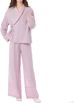 HGps8w Two Piece Outfits for Women Soft Cotton Lounge Set, Long Sleeve Wrap Tie Side Sleepwear Pajama Sets with Pockets