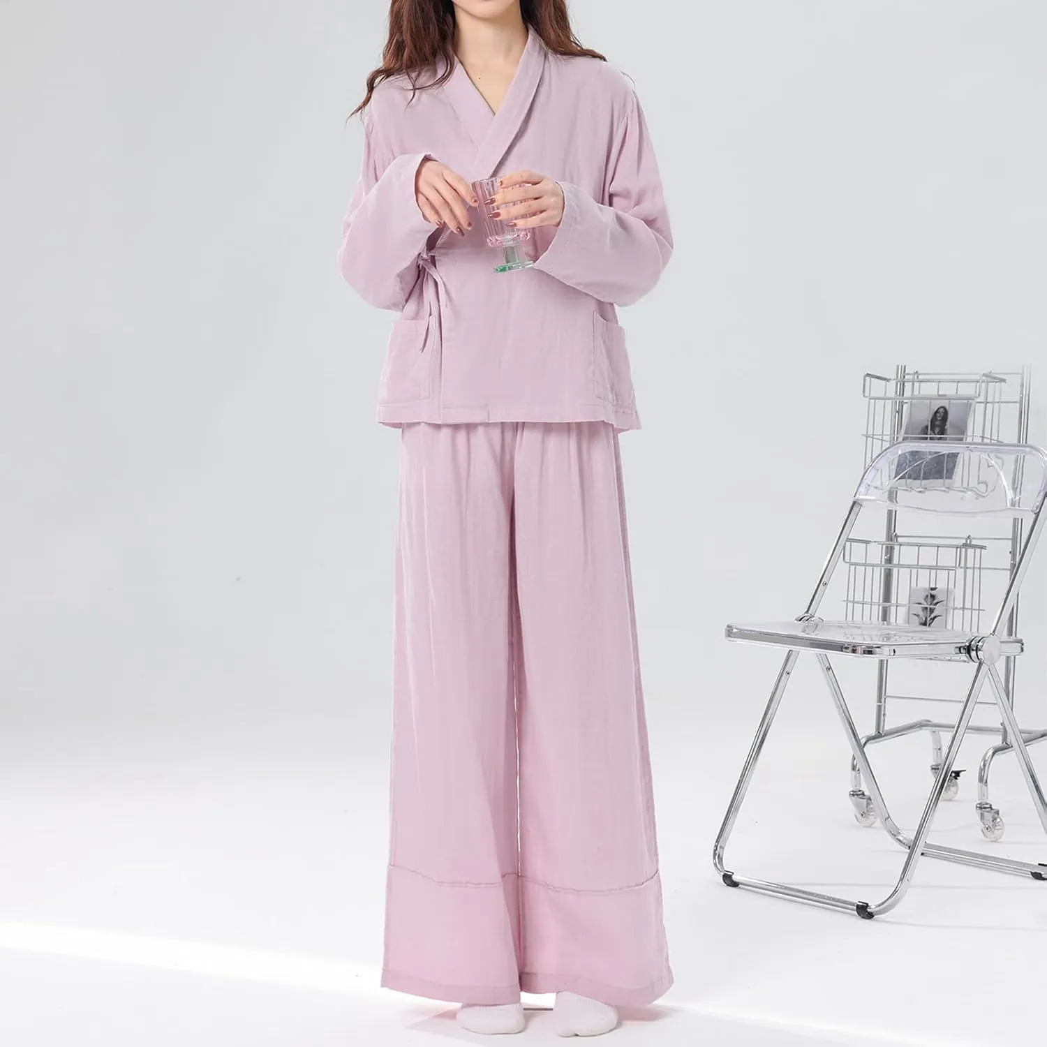HGps8w Two Piece Outfits for Women Soft Cotton Lounge Set, Long Sleeve Wrap Tie Side Sleepwear Pajama Sets with Pockets