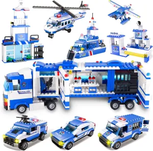 Hikoshi 8 in 1 Police Car Toys Sets,City Police Station Building Sets with Portable Storage Boxes, Birthdays Gifts Toy for Boys Girls 6-12 Old
