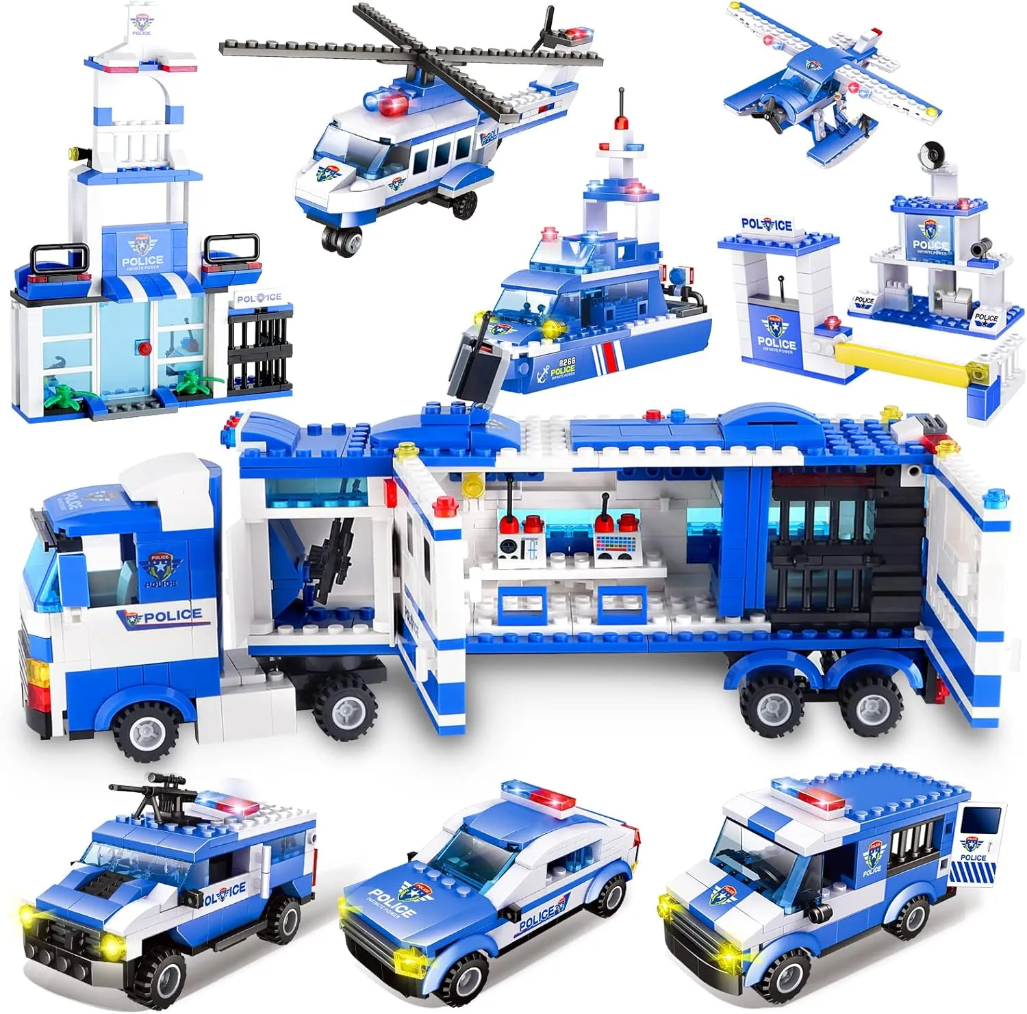 Hikoshi 8 in 1 Police Car Toys Sets,City Police Station Building Sets with Portable Storage Boxes, Birthdays Gifts Toy for Boys Girls 6-12 Old
