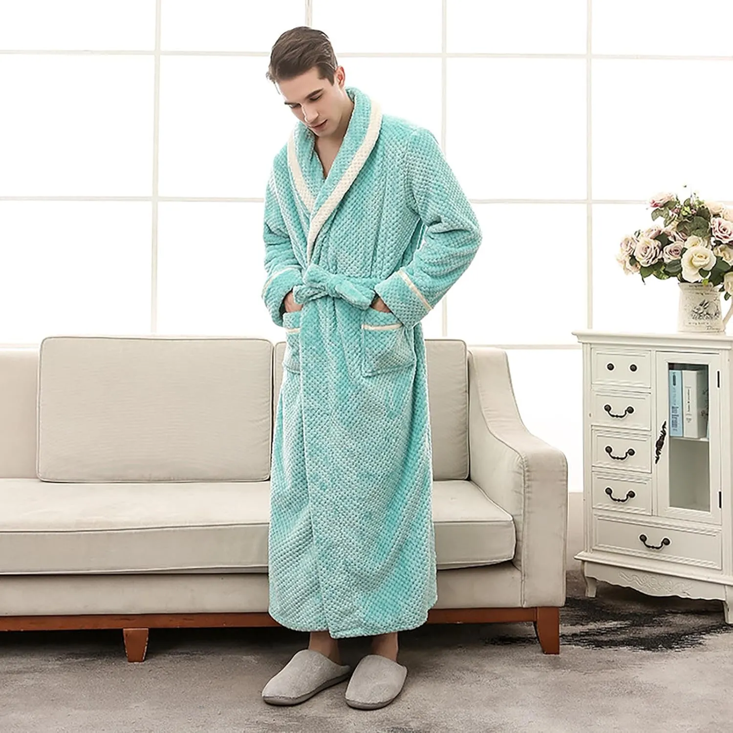 His and Hers Robes Flannel Long Length Matching Robes for Couples Warm Thickened Bathrobe Plus Size Shower Robe