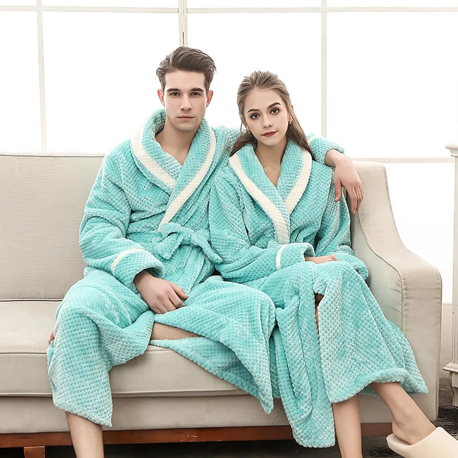 His and Hers Robes Flannel Long Length Matching Robes for Couples Warm Thickened Bathrobe Plus Size Shower Robe