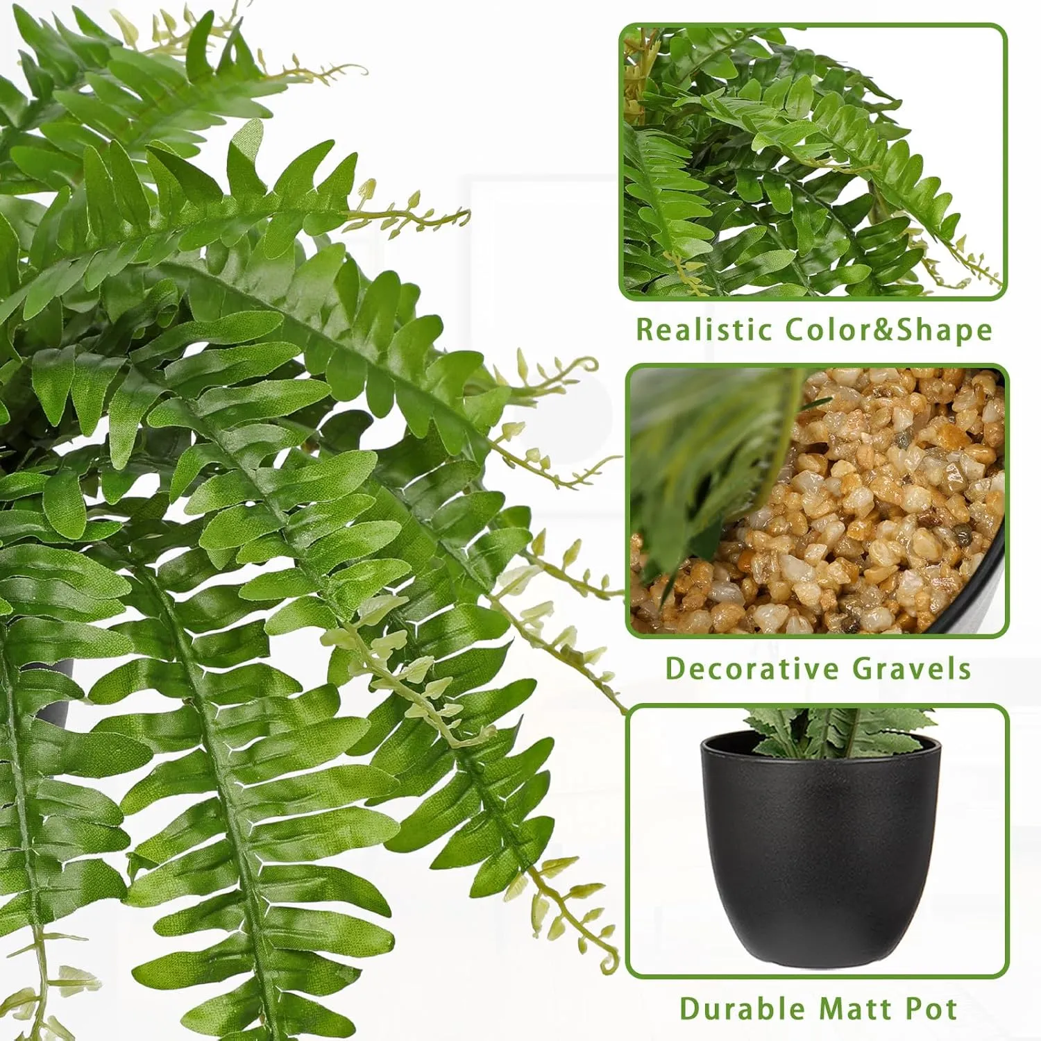 Hollyone Artificial Fern Plants in Pot 18.8" Small Artificial Boston Fern 24 Leaves for Outdoors & Indoor Faux Potted Plant Fake Ferns Bush Plant for Patio Garden Farmhouse Porch Home Decor Green