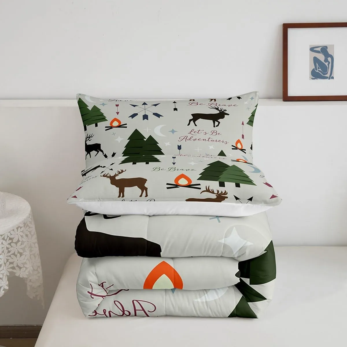 Homewish Adventure Deer Comforter Set Full Size,Cartoon Pine Tree Jungle Animals Bedding Set,Arrow and Stars Moon Quilt Set for Kids Girls Boys Adult Room Decor Rustic Camping Duvet Insert Green 3Pcs