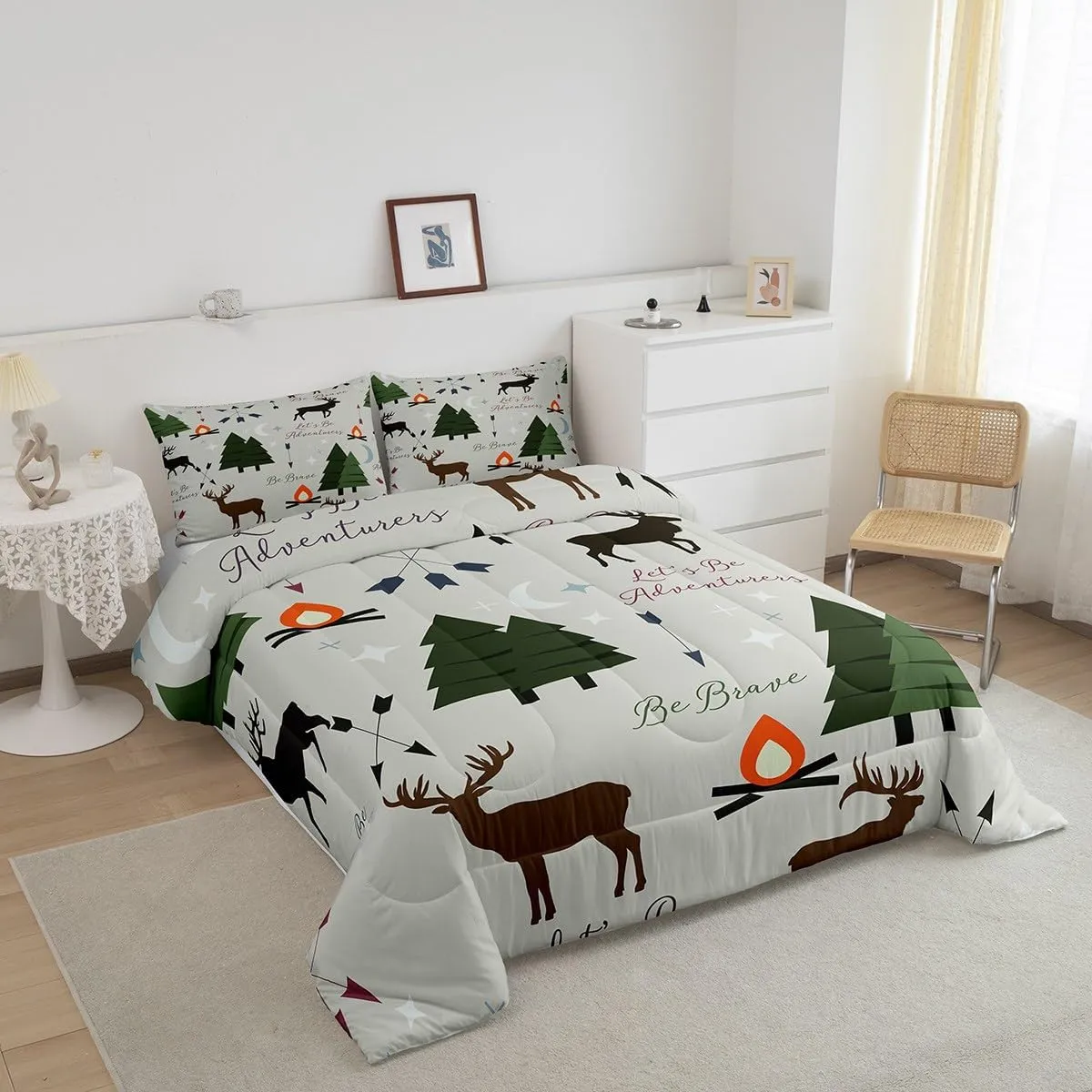 Homewish Adventure Deer Comforter Set Full Size,Cartoon Pine Tree Jungle Animals Bedding Set,Arrow and Stars Moon Quilt Set for Kids Girls Boys Adult Room Decor Rustic Camping Duvet Insert Green 3Pcs