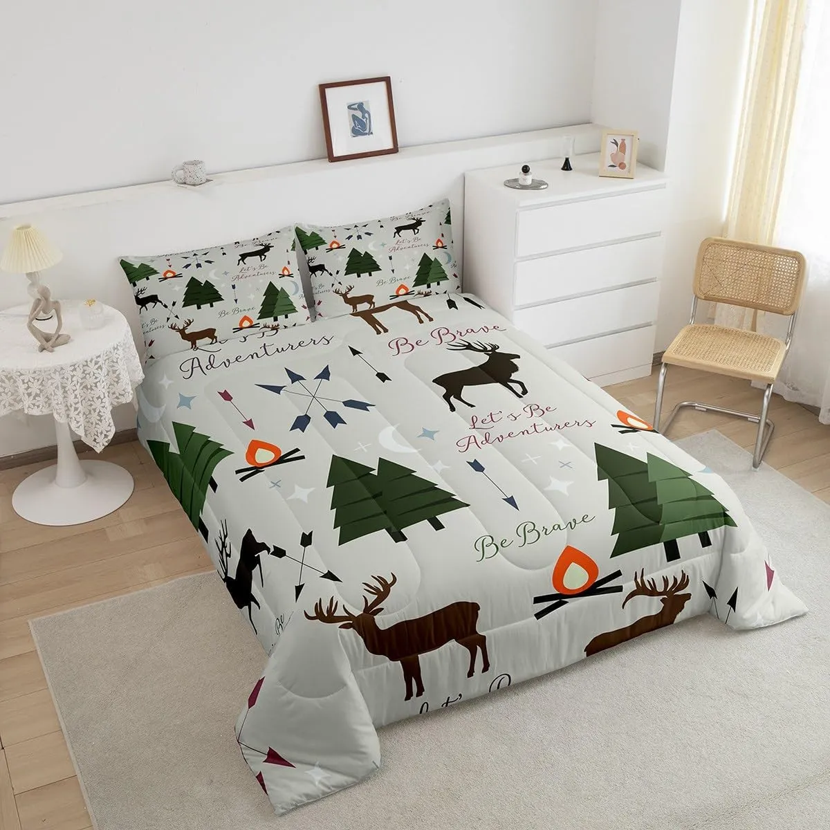 Homewish Adventure Deer Comforter Set Full Size,Cartoon Pine Tree Jungle Animals Bedding Set,Arrow and Stars Moon Quilt Set for Kids Girls Boys Adult Room Decor Rustic Camping Duvet Insert Green 3Pcs