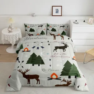 Homewish Adventure Deer Comforter Set Full Size,Cartoon Pine Tree Jungle Animals Bedding Set,Arrow and Stars Moon Quilt Set for Kids Girls Boys Adult Room Decor Rustic Camping Duvet Insert Green 3Pcs
