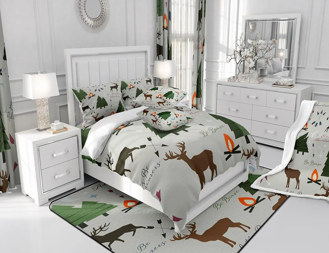 Homewish Adventure Deer Comforter Set Full Size,Cartoon Pine Tree Jungle Animals Bedding Set,Arrow and Stars Moon Quilt Set for Kids Girls Boys Adult Room Decor Rustic Camping Duvet Insert Green 3Pcs