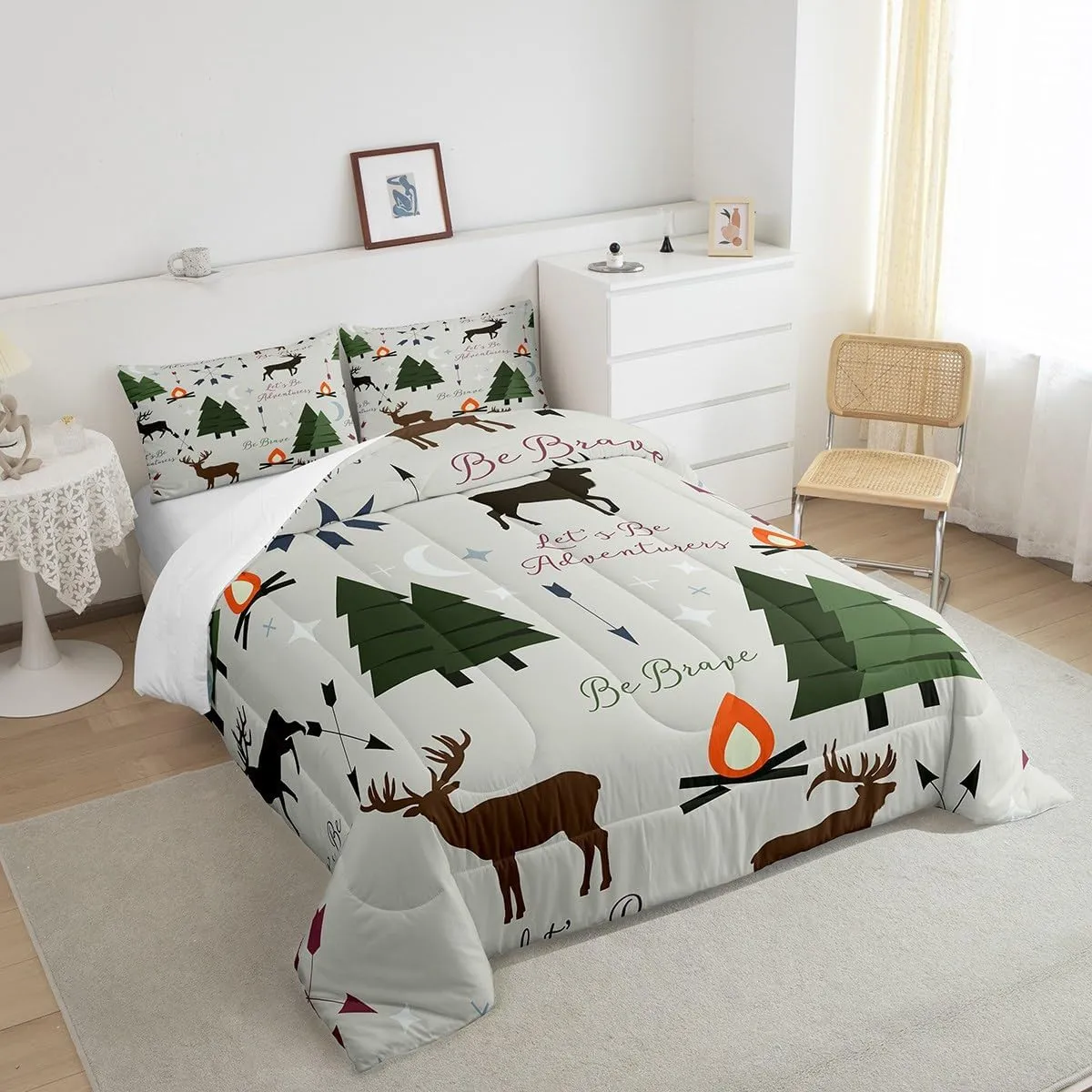 Homewish Adventure Deer Comforter Set Full Size,Cartoon Pine Tree Jungle Animals Bedding Set,Arrow and Stars Moon Quilt Set for Kids Girls Boys Adult Room Decor Rustic Camping Duvet Insert Green 3Pcs