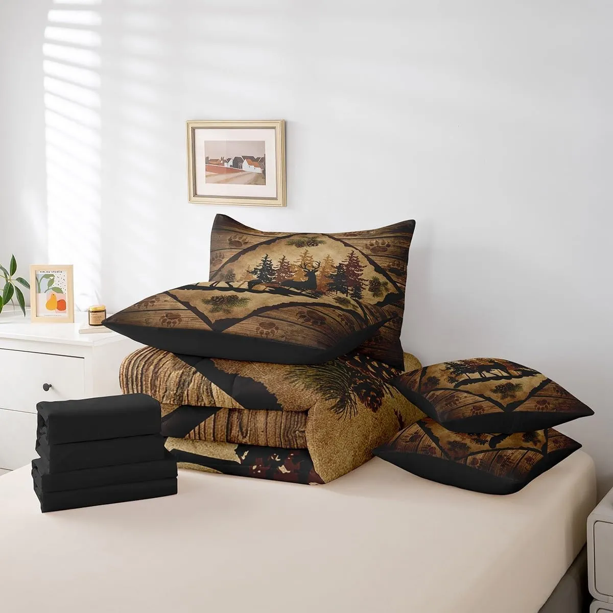 Homewish Cabin Queen 7 Pcs Bedding Sets Cute Deer Silhouette Jungle Pine Trees Comforter Set for Kids Teens Adults All Season (Comforter Flat Sheet Fitted Sheet 2 Pillowcases 2 Throw Pillow Covers)