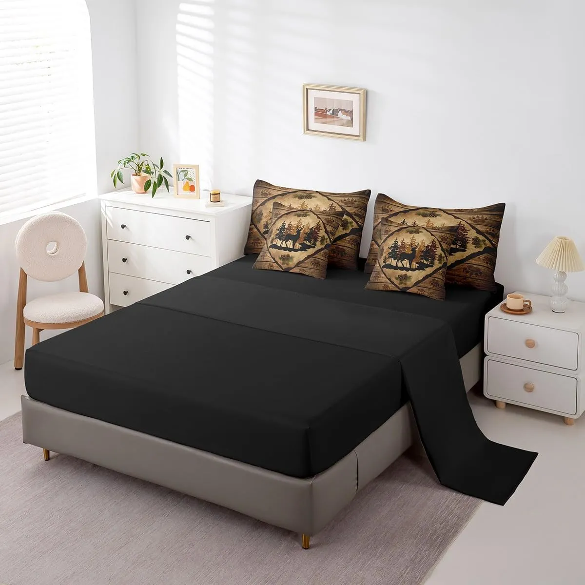 Homewish Cabin Queen 7 Pcs Bedding Sets Cute Deer Silhouette Jungle Pine Trees Comforter Set for Kids Teens Adults All Season (Comforter Flat Sheet Fitted Sheet 2 Pillowcases 2 Throw Pillow Covers)