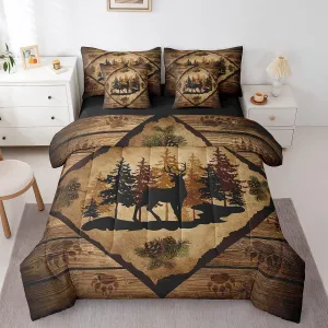 Homewish Cabin Queen 7 Pcs Bedding Sets Cute Deer Silhouette Jungle Pine Trees Comforter Set for Kids Teens Adults All Season (Comforter Flat Sheet Fitted Sheet 2 Pillowcases 2 Throw Pillow Covers)