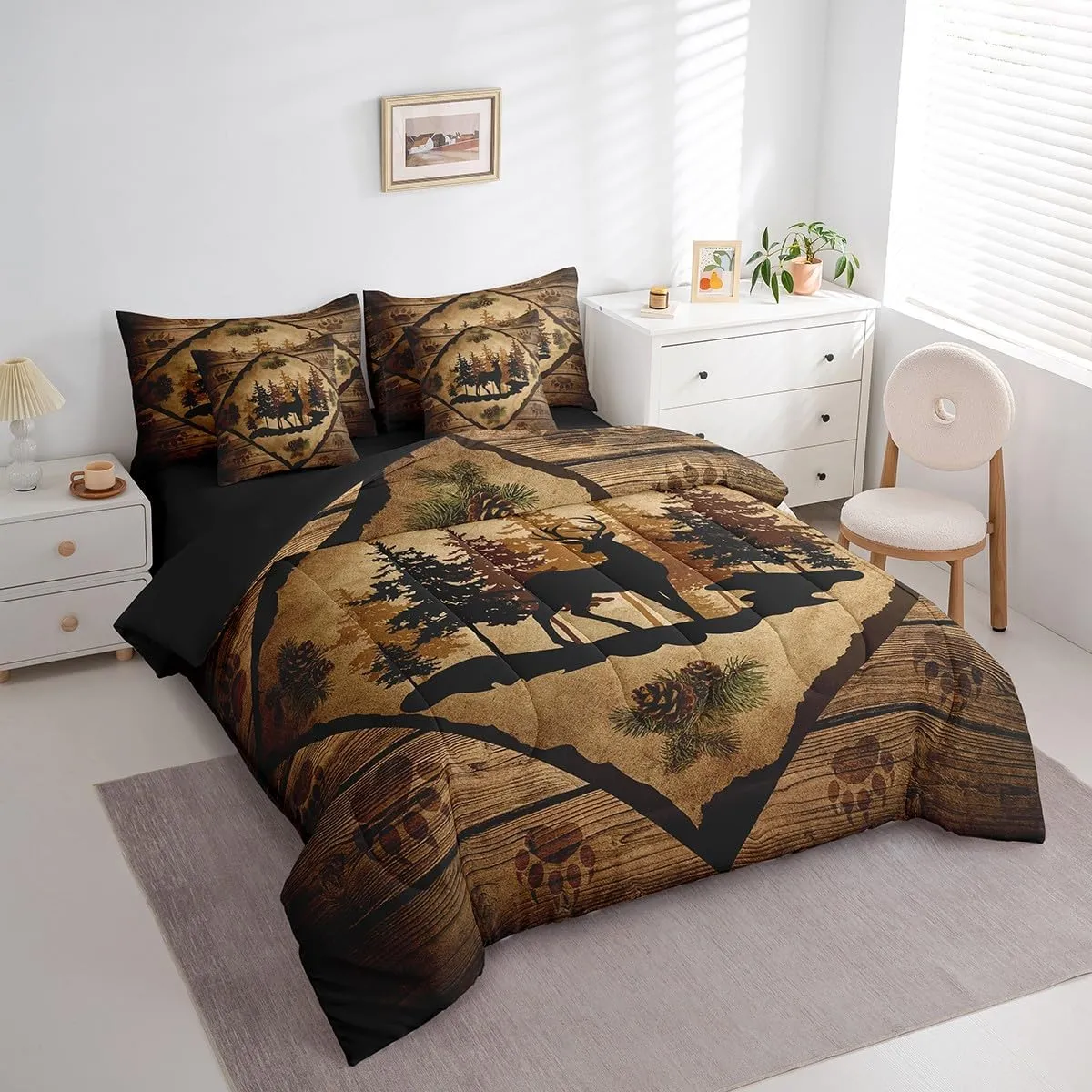 Homewish Cabin Queen 7 Pcs Bedding Sets Cute Deer Silhouette Jungle Pine Trees Comforter Set for Kids Teens Adults All Season (Comforter Flat Sheet Fitted Sheet 2 Pillowcases 2 Throw Pillow Covers)
