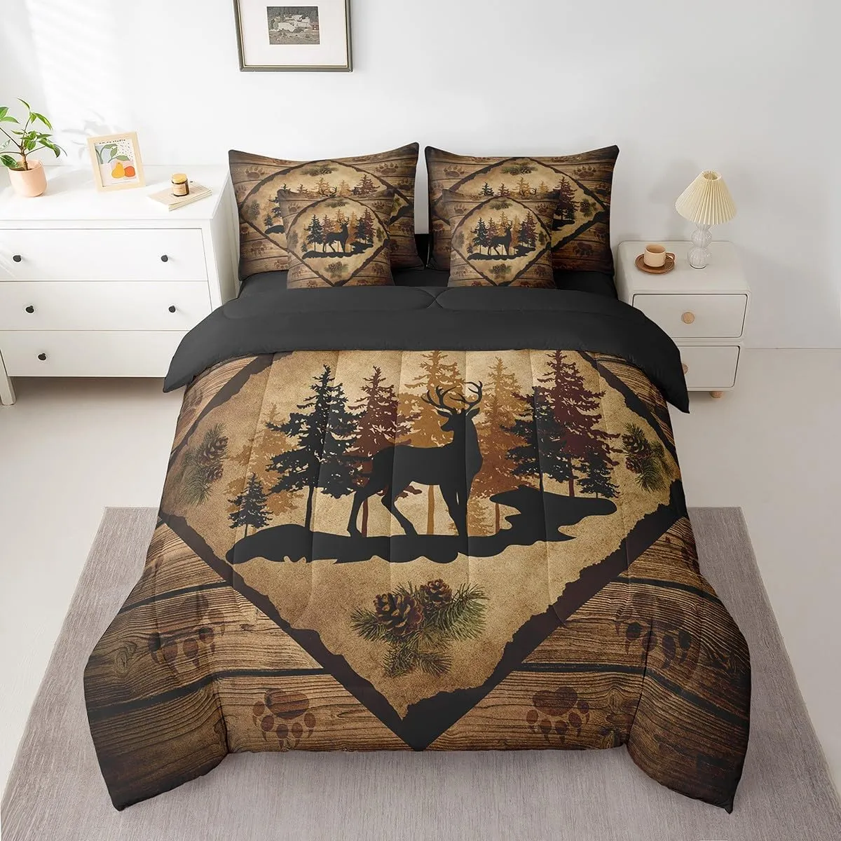 Homewish Cabin Queen 7 Pcs Bedding Sets Cute Deer Silhouette Jungle Pine Trees Comforter Set for Kids Teens Adults All Season (Comforter Flat Sheet Fitted Sheet 2 Pillowcases 2 Throw Pillow Covers)