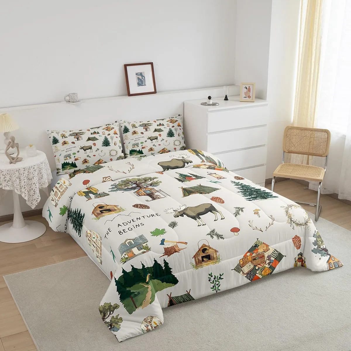 Homewish Cartoon Camper Comforter Set Twin Size Jungle Adventure Travel Bedding Set Wild Elk Animals Mountain Trees Quilt Set for Kids Boys Teens Men Bedroom Decor Happy Camping Duvet Insert 2pcs
